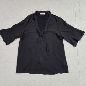 Lola & Sophie Blouse Womens Medium Black 3/4 Sleeve V Neck Bell Sleeve Neck Tie